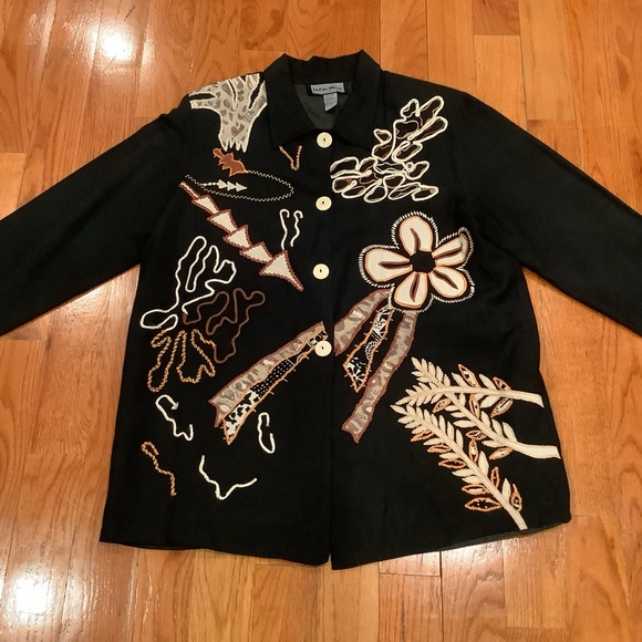Indigo Moon Vintage Embroidered Black Floral Jacket Button Front Blazer Large - Picture 10 of 13